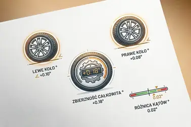 Schemat raportu porównujący wynik lewego koła, prawego koła, różnicę stron i wartość całkowitą osi