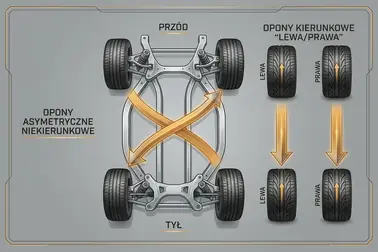 Schemat rotacji opon asymetrycznych niekierunkowych oraz asymetrycznych kierunkowych LEFT i RIGHT