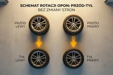 Schemat rotacji opon kierunkowych: lewe koła przód–tył i prawe koła przód–tył