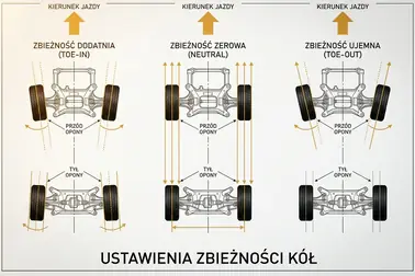 Schemat z góry pokazujący ustawienie kół zbieżne, zerowe i rozbieżne z zaznaczonym przodem pojazdu i krawędziami kół