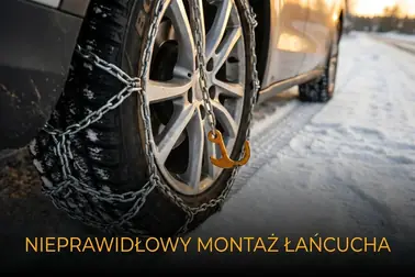 Skręcona linka, nierówno ułożona siatka i niezabezpieczony koniec napinacza na kole