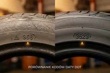 Stary kod 358 oraz współczesny kod 3523 pokazane jako dwa formaty daty produkcji opony