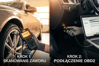 Technik odczytujący czujnik TPMS programatorem i wykonujący relearn przez złącze OBD