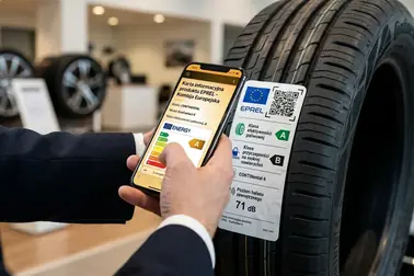 Telefon skanujący kod QR na etykiecie opony oraz karta produktu w bazie EPREL