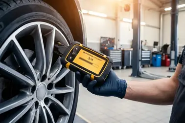 Tester TPMS przykładany kolejno do zaworów czterech kół samochodu