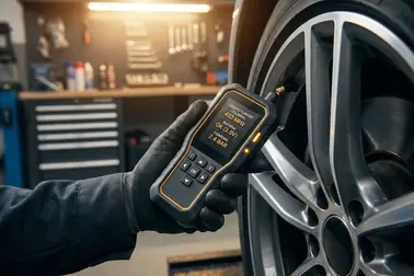 Tester TPMS używany przy kole podczas sprawdzania odpowiedzi czujnika ciśnienia