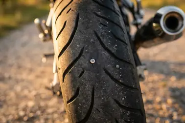 Tylna opona motocyklowa z wbitym w bieżnik metalowym gwoździem