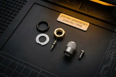 Uszczelka, podkładka, nakrętka, wkład, kapturek i element mocujący zestawu serwisowego TPMS