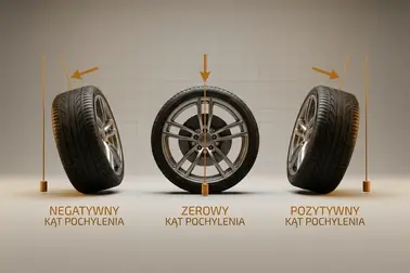 Widok z przodu koła ilustrujący ujemny, zerowy i dodatni kąt pochylenia z zaznaczonym pionem