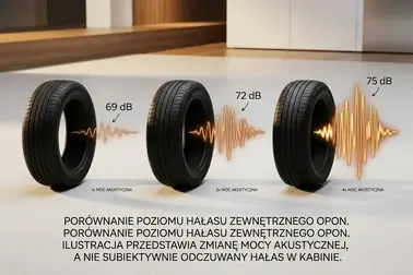 Wizualizacja skali 69 dB, 72 dB i 75 dB obok kół, prezentująca logarytmiczny przyrost emitowanej mocy akustycznej