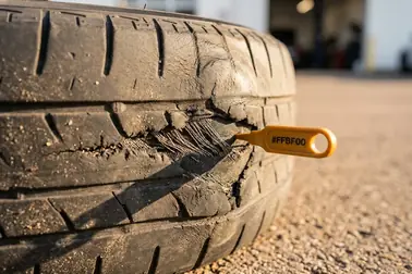 Wybrzuszenie, przecięcie boku i uszkodzona stopka używanej opony