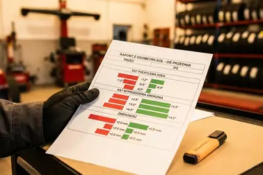 Wydruk pomiaru ustawienia czterech kół z wartościami przed i po regulacji
