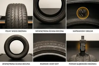 Zestaw zdjęć: bieżnik, boki, rozmiar, DOT, miejsce naprawy i pomiar