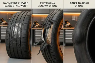 Zestawienie uszkodzeń opony: odsłonięte linki opasania na czole, kord na boku oraz wybrzuszenie bocznej ściany