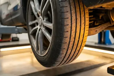Zewnętrzna strona bieżnika opony przedniej wykazująca oznaki jednostronnego ścierania