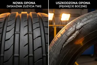 Znacznik TWI na oponie oraz uszkodzenie odsłaniające wewnętrzną osnowę