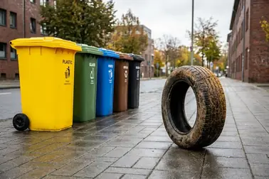 Zużyta opona pokazana poza standardowymi pojemnikami na odpady i śmieci zmieszane