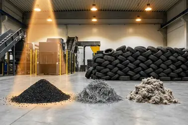 Zużyte opony oraz oddzielone frakcje gumy, stali i tekstyliów w zakładzie recyklingu