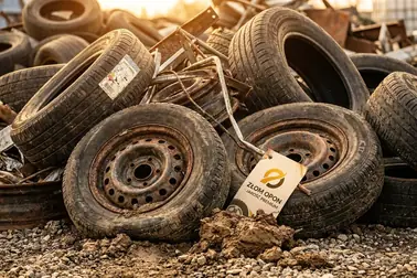Zużyte opony z felgami, błotem i domieszką innych odpadów