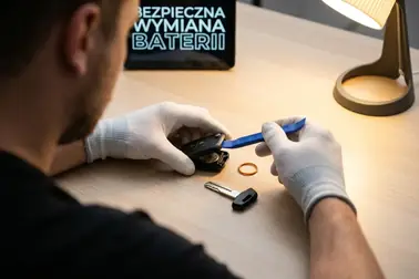 Bezpieczne podważanie zatrzasków obudowy pilota samochodowego za pomocą plastikowego narzędzia