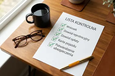 Checklista dokumentów do wtórnika tablicy: wniosek, dowód rejestracyjny, dokument tożsamości, oświadczenie i potwierdzenie opłaty