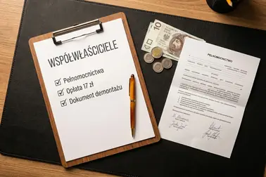 Checklista współwłaścicieli obejmująca podpisy, pełnomocnictwa, opłatę i dokument podstawy wyrejestrowania