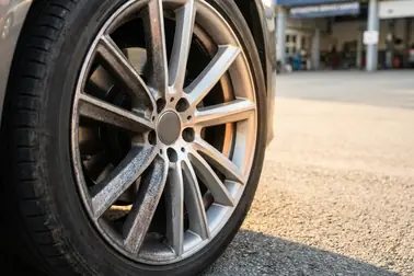 Ciemny pył hamulcowy na feldze oraz porównanie zabrudzenia lewego i prawego koła jednej osi