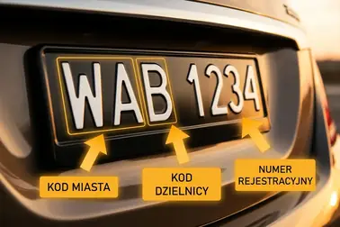 Czarna tablica WAB 1234 z rozdzieleniem wyróżnika WA, litery serii B i numeru 1234