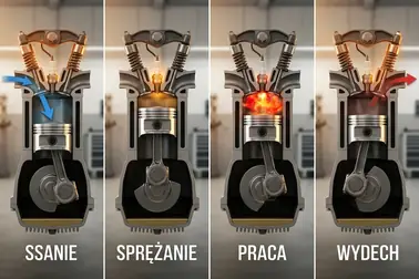 Cztery fazy pracy silnika 4T: ssanie, sprężanie, praca i wydech obrazujące ruch zaworów i tłoka.