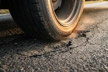 Deformacja niedopompowanej opony niskoprofilowej po wpadnięciu w dziurę