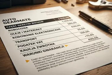 Dokładny kosztorys wymiany skrzyni biegów uwzględniający oddzielnie część, robociznę, elektronikę i kaucję.