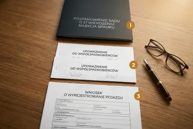 Dokument potwierdzający dziedziczenie, zgody współspadkobierców i wniosek o wyrejestrowanie ułożone w kolejności