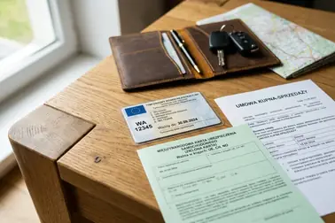 Dokument rejestracyjny, umowa zakupu i potwierdzenie ubezpieczenia przygotowane do przejazdu samochodem.