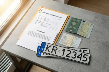 Dokument własności, dowód rejestracyjny, tablice i pełnomocnictwo przygotowane jako załączniki do wniosku