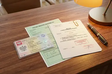 Dokumenty zarejestrowanego samochodu zestawione z polisą OC i decyzją o wyrejestrowaniu