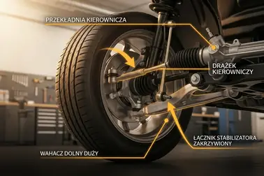 Drążek kierowniczy, końcówka, maglownica, wahacz i stabilizator przy przednim kole