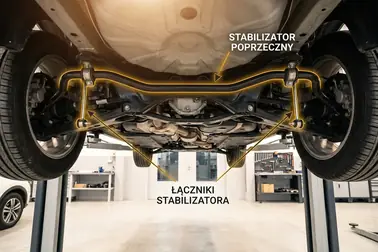 Drążek stabilizatora biegnący poprzecznie pod samochodem oraz elementy przy jego końcach
