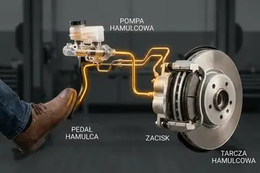 Droga działania hamulca nożnego od pedału i pompy do zacisków przy kołach