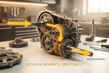 Droga momentu obrotowego przez wejście skrzyni, wybrane przełożenie i wał wyjściowy
