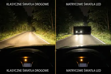 Droga nocą oświetlona klasycznymi i matrycowymi światłami drogowymi
