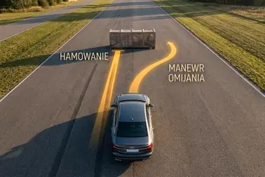 Dwa możliwe tory samochodu podczas hamowania awaryjnego: zatrzymanie na wprost i ominięcie przeszkody.