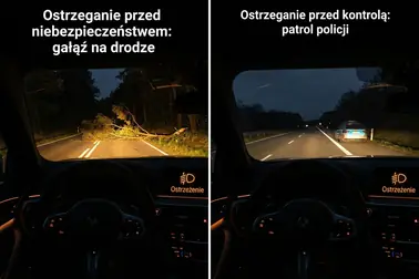 Dwie sytuacje użycia krótkiego sygnału świetlnego: przeszkoda na drodze oraz kontrola policji