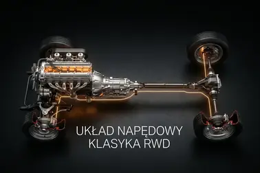 Elementy klasycznego napędu RWD od silnika i skrzyni biegów do wału, dyferencjału oraz tylnych kół