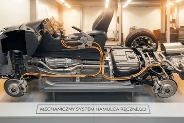 Elementy mechanicznego hamulca ręcznego od dźwigni i linek do mechanizmów przy kołach
