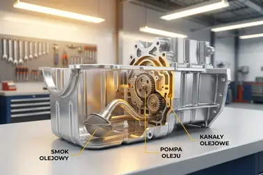 Elementy układu smarowania silnika: miska olejowa, smok, pompa, filtr i kanały olejowe