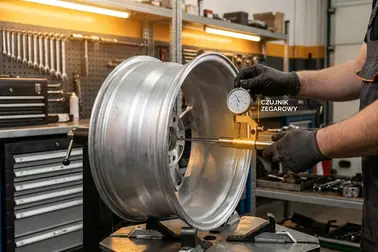 Felga aluminiowa bez opony podczas pomiaru bicia promieniowego i osiowego w warsztacie