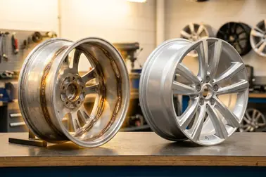 Felga aluminiowa po ingerencji spawalniczej obok fabrycznej obręczy o docelowej szerokości