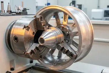 Felga aluminiowa wycentrowana i zamocowana na adapterze tokarki