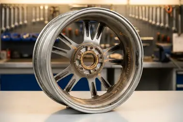 Felga aluminiowa z zaznaczonymi markerem strefami ryzyka: ramionami, tarczą centralną i otworami mocującymi