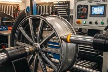 Felga aluminiowa zamocowana na maszynie podczas kontrolowanego prostowania